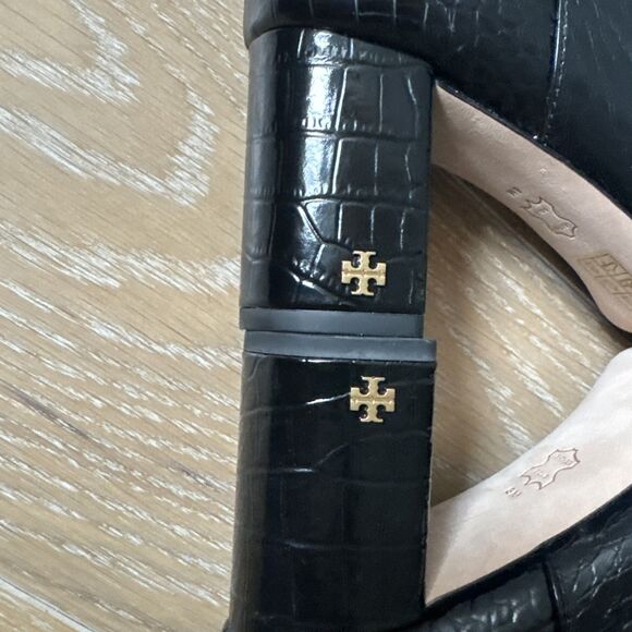 Tory Burch  Brooke Size 8 70 MM Leather Booties Croc Embossed Perfect Black $498 - Picture 8 of 14